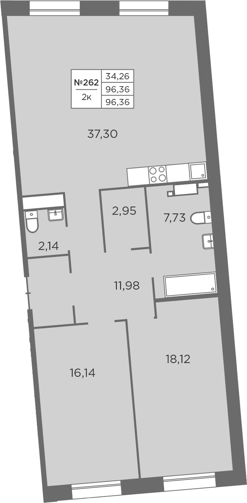 2-комнатная квартира 96.36 м², 3/8 эт., ЖК «Северная Корона»